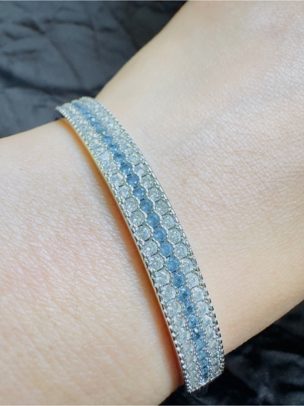 Blue Crystal Pave Bangle | White Platinum Plated Snap Bracelet